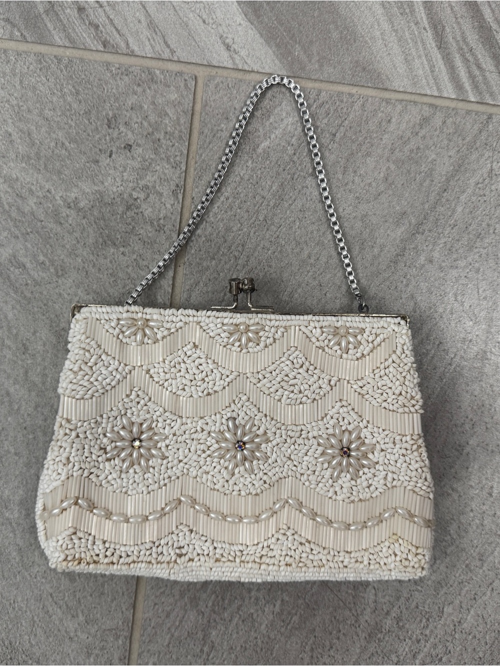 Vintage Cream Beaded Evening Bag Clutch; glamor retro elegant